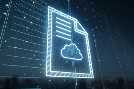 Glowing cloud computing hologram on blurry night city background. 3D renderingの素材