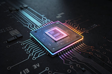 Close up of microchip on black background. Technology concept. 3D Renderingの素材