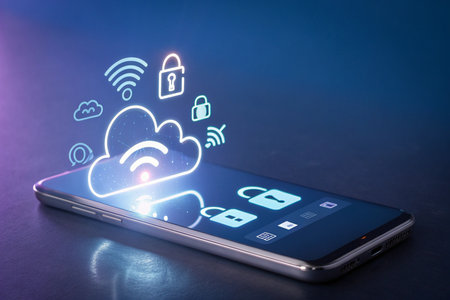 Smartphone with cloud computing concept on screen. Cloud computing concept.の素材