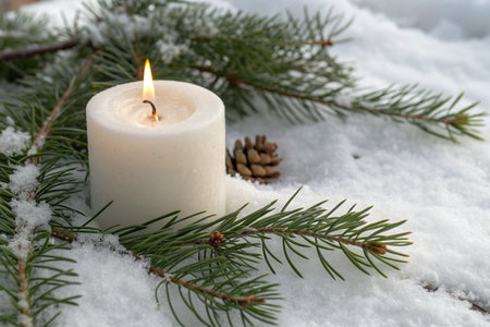 Christmas candle on the snow with fir branches and cones, winter backgroundの素材