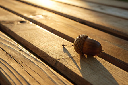 Acorn on a wooden bench in the rays of the setting sunの素材