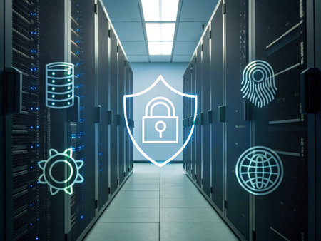 lock icon on server room data center background. cyber security concept. 3D Renderingの素材