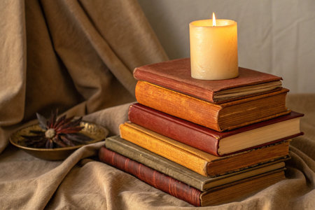 Stack of old books and burning candle on a brown fabric background.の素材
