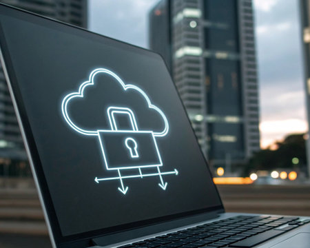 Laptop with cloud computing icon on screen, blurred cityscape backgroundの素材