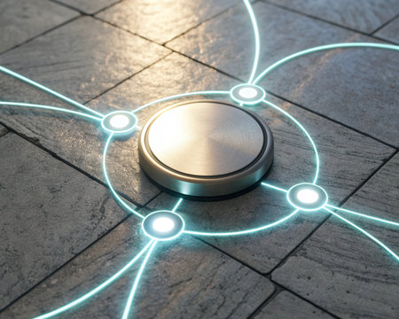 Circle network connection with round button on the floor. 3d renderingの素材