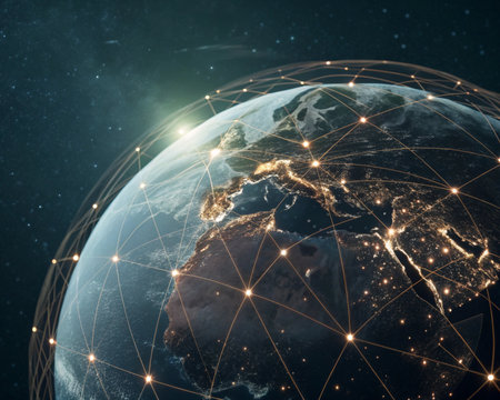 Global network connection over the planet Earth in space. 3D renderingの素材