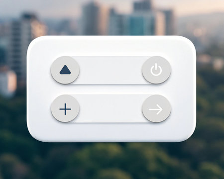 Set of white buttons with icons on the background of the city.の素材