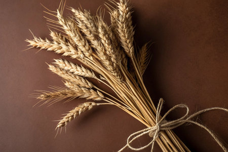 Spikelets of wheat tied with a rope on a brown backgroundの素材