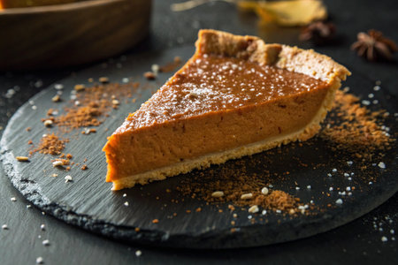 Slate plate with a piece of pumpkin pie on a black backgroundの素材