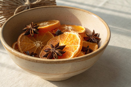 Dried orange slices with star anise and cinnamon in a bowlの素材