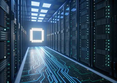 server room data center with circuit board and lights 3d rendering imageの素材