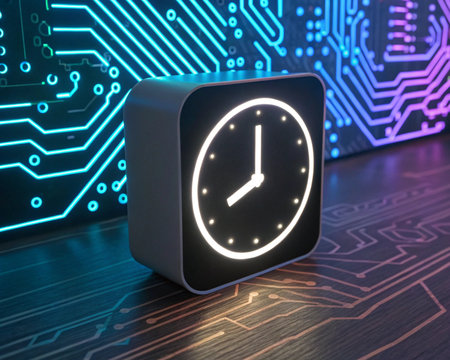 3d rendering of a clock icon over a circuit board background.の素材
