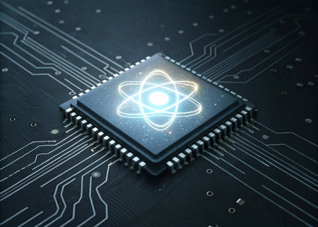 Close up of chip with atom icon on circuit board background 3D renderingの素材