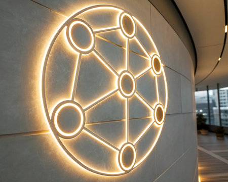 Luminous circle on the wall of the modern office building.の素材