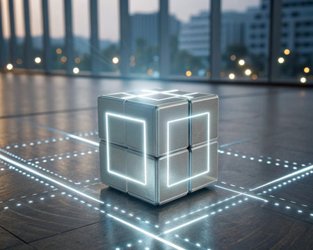3d rendering of cube with neon light on the floor at nightの素材