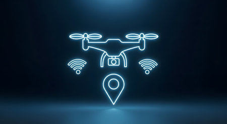Drone with remote control. 3D rendering. Neon light.の素材