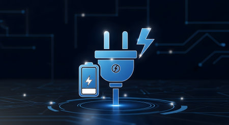 Highly rendering of power plug with lightning icon on dark blue backgroundの素材