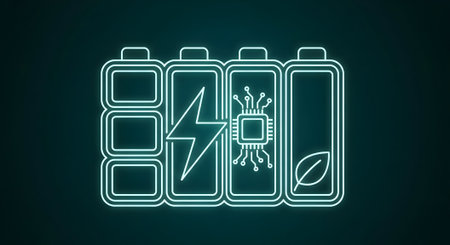 Battery icons with lightning, chip, and leaf represent sustainable energy, power, and technology. They symbolize renewable sources and environmental innovation.の素材