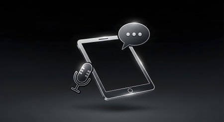 A tablet icon with a speech bubble and a microphone on a dark gray backgroundの素材