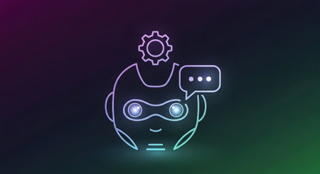 Artificial intelligence robot head with gear and speech bubble, neon illustrationの素材