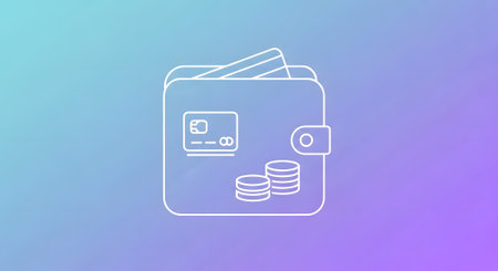 A wallet with credit cards and coins on a gradient blue and purple backgroundの素材