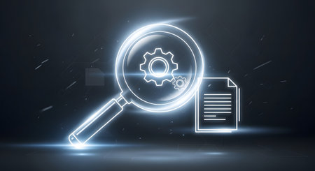 Magnifying glass with gear and document for search and analysis on dark backdropの素材
