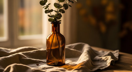 A brown glass vase with eucalyptus branches on a table with a linen clothの素材