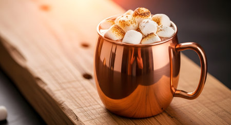Hot chocolate with marshmallows in a copper mug on a wooden surface, warm drinkの素材