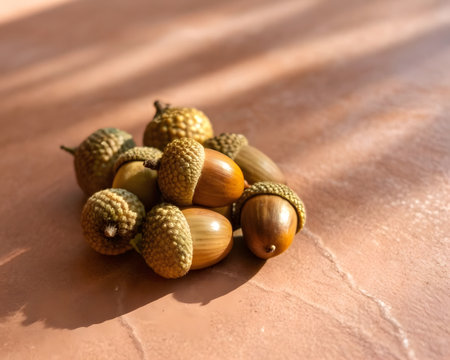 A pile of acorns is captured on a textured surface in warm sunlight during the daytime, showcasing their natural beauty and autumnal charm with detailed textures.の素材