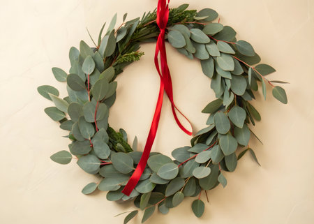 A festive eucalyptus wreath adorned with a vibrant red ribbon, isolated against a clean white background, perfect for adding a touch of holiday cheer to any space.の素材