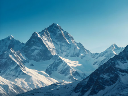 A majestic mountain peak covered in snow rises against a clear blue sky, creating a breathtaking winter landscape. The scene evokes a sense of adventure and awe.の素材