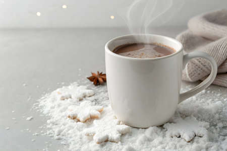 A steaming cup of hot chocolate surrounded by snowflake cookies and a dusting of snow. This cozy scene evokes the warmth and joy of the winter holidays. Enjoy the moment.の素材