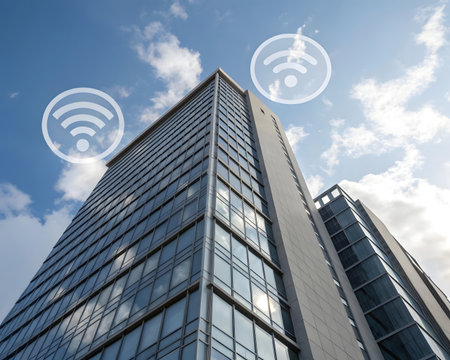 A skyscraper with wifi symbols against a cloudy sky represents modern urban connectivity. The image symbolizes technology, communication, and business infrastructure.の素材