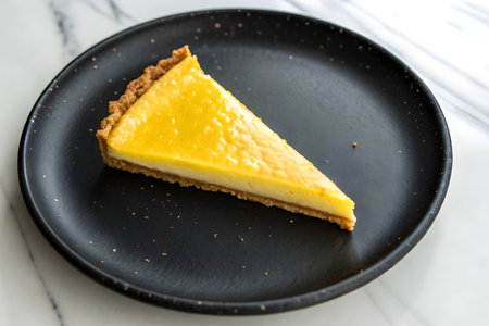 A single slice of lemon tart is presented on a black plate, its bright yellow filling contrasting with the dark background. The image suggests indulgence and culinary artistry.の素材