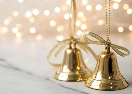 Two golden Christmas bells adorned with ribbons, set against a backdrop of blurred bokeh lights, evoking a festive and celebratory holiday atmosphere.の素材