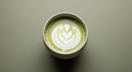 A top-down view of a matcha latte in a ceramic cup, showcasing intricate latte art. The green beverage sits on a muted green surface, creating a calming and aesthetic scene.の素材
