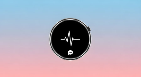 A smartwatch displaying a heart rate monitor application. The screen shows a waveform signal, indicating the pulse rhythm and measurement of the wearer's health.の素材