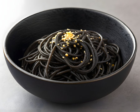 A close-up shot of dark, glossy squid ink pasta coiled neatly inside a textured, matte black bowl, topped with fine yellow seasoning for contrast and flavor.の素材