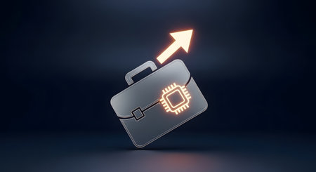 Glowing briefcase with microchip and upward arrow symbolizing growthの素材