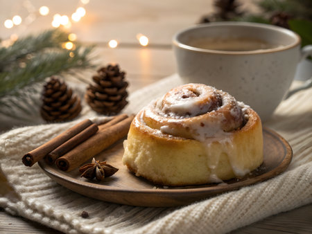 A delicious, freshly baked cinnamon roll drizzled with white icing sits on a small wooden plate next to cinnamon sticks and star anise, with a cup of coffee in the background.の素材