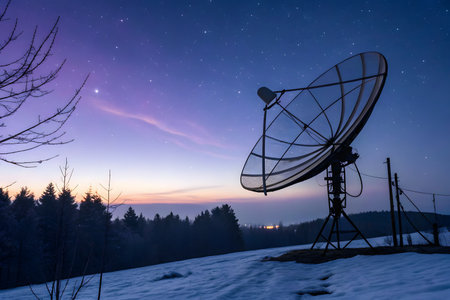 A large parabolic satellite dish stands silhouetted against a vibrant purple and blue twilight sky filled with stars. The foreground is covered in snow, contrasting with the dark forest line below.の素材