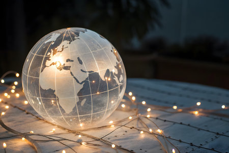 A close-up shot of a translucent glass globe etched with world map continents, glowing warmly from within, set against a dark background with scattered, twinkling string lights.の素材
