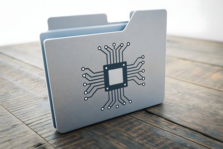 A close-up shot of a light gray file folder featuring a printed circuit board design, resting on a rustic dark brown wooden surface with soft lighting.の素材