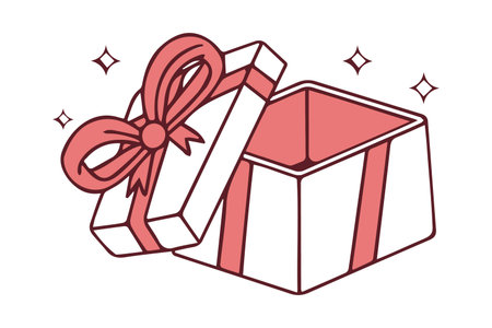 A charming, minimalist illustration of an open, square gift box tied with a prominent red ribbon and bow, featuring small, sparkling star shapes around it, suggesting surprise or a present.のイラスト素材