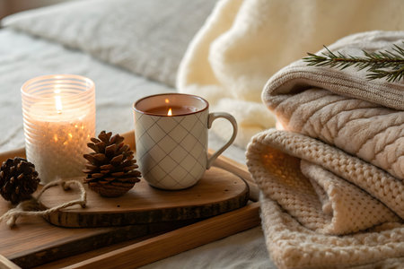 A warm and inviting winter scene featuring a lit candle, a mug, pine cones, and soft knitted blankets, creating a cozy and relaxing atmosphere for the holidays.の素材