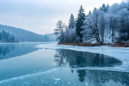 A serene winter landscape featuring a partially frozen lake, snow-dusted trees, and distant mountains reflected in the icy water.の素材