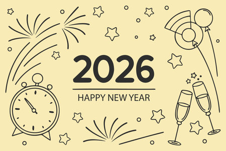 A festive doodle-style illustration celebrating the arrival of 2026 with fireworks, champagne, balloons, and a clock counting down.のイラスト素材