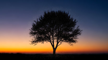 A striking silhouette of a tree stands out against the colorful evening sky.の素材