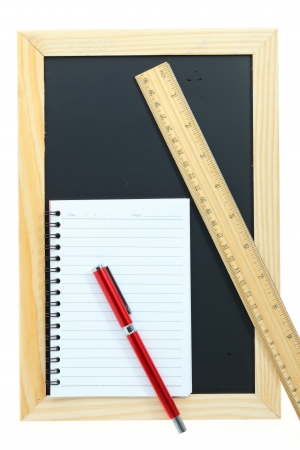 ruler wood and blackboard on white backgroundの写真素材