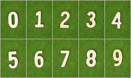 collection set wood number on green grass backgroundの写真素材